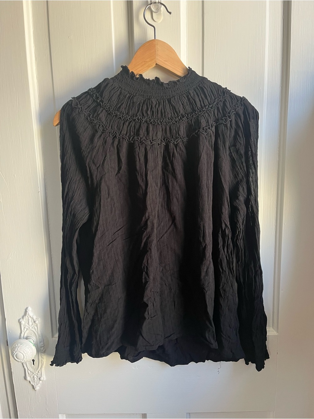 Black Smocked High-Neck Long Sleeve Women's Blouse
